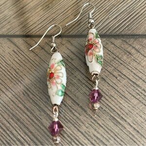 Vintage White Tube Floral Cloisonné Dangle Earrings